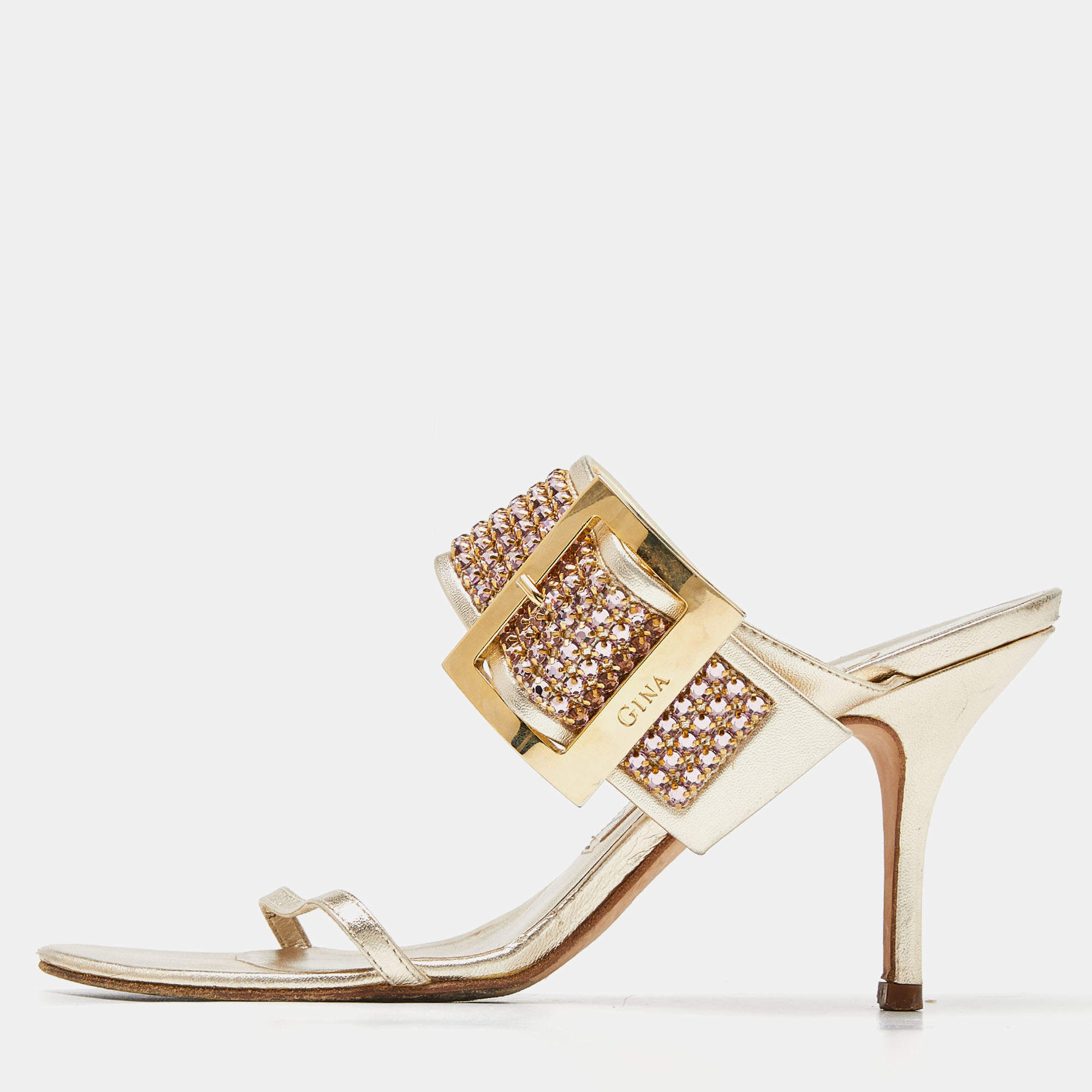 Gina Gold Crystal Embellished Leather Slide Sandals Size 37.5