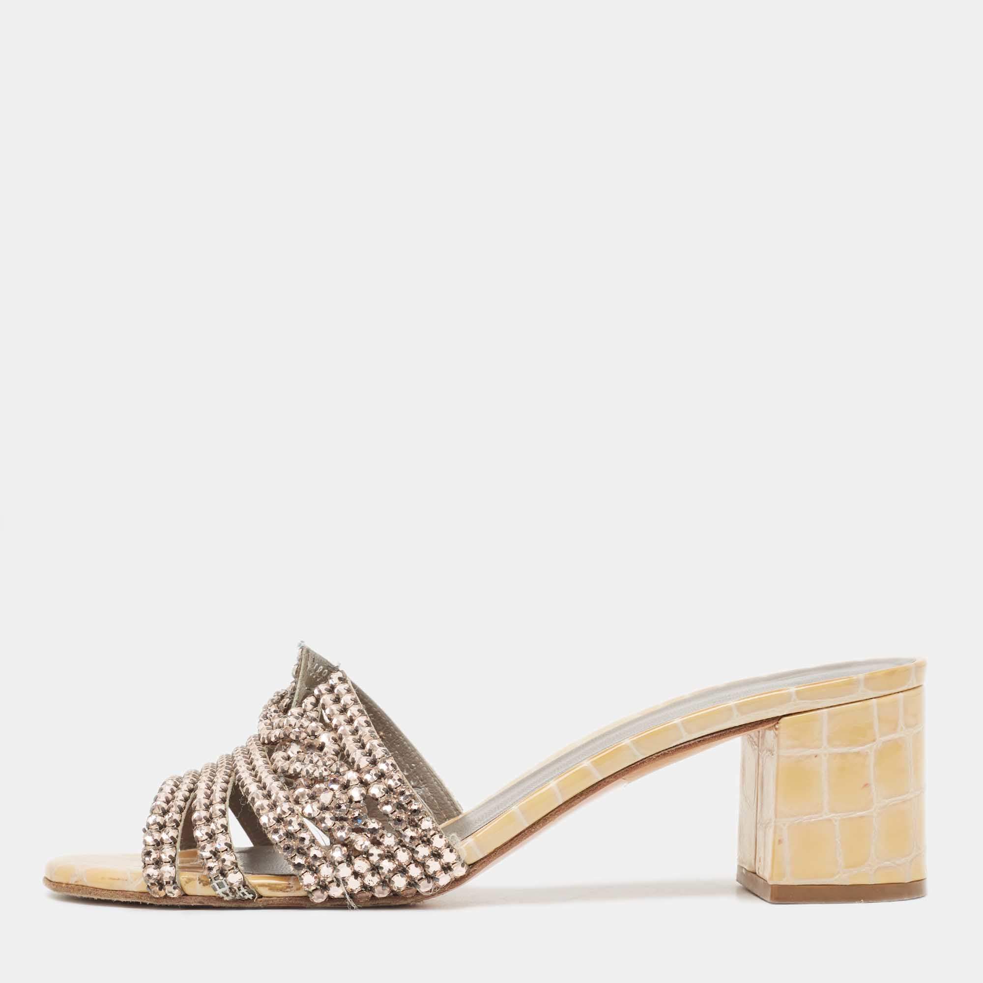 مملوكة مسبقًا Gina Pink/Yellow Crystal Embellished Leather Slide Sandals Size 38.5