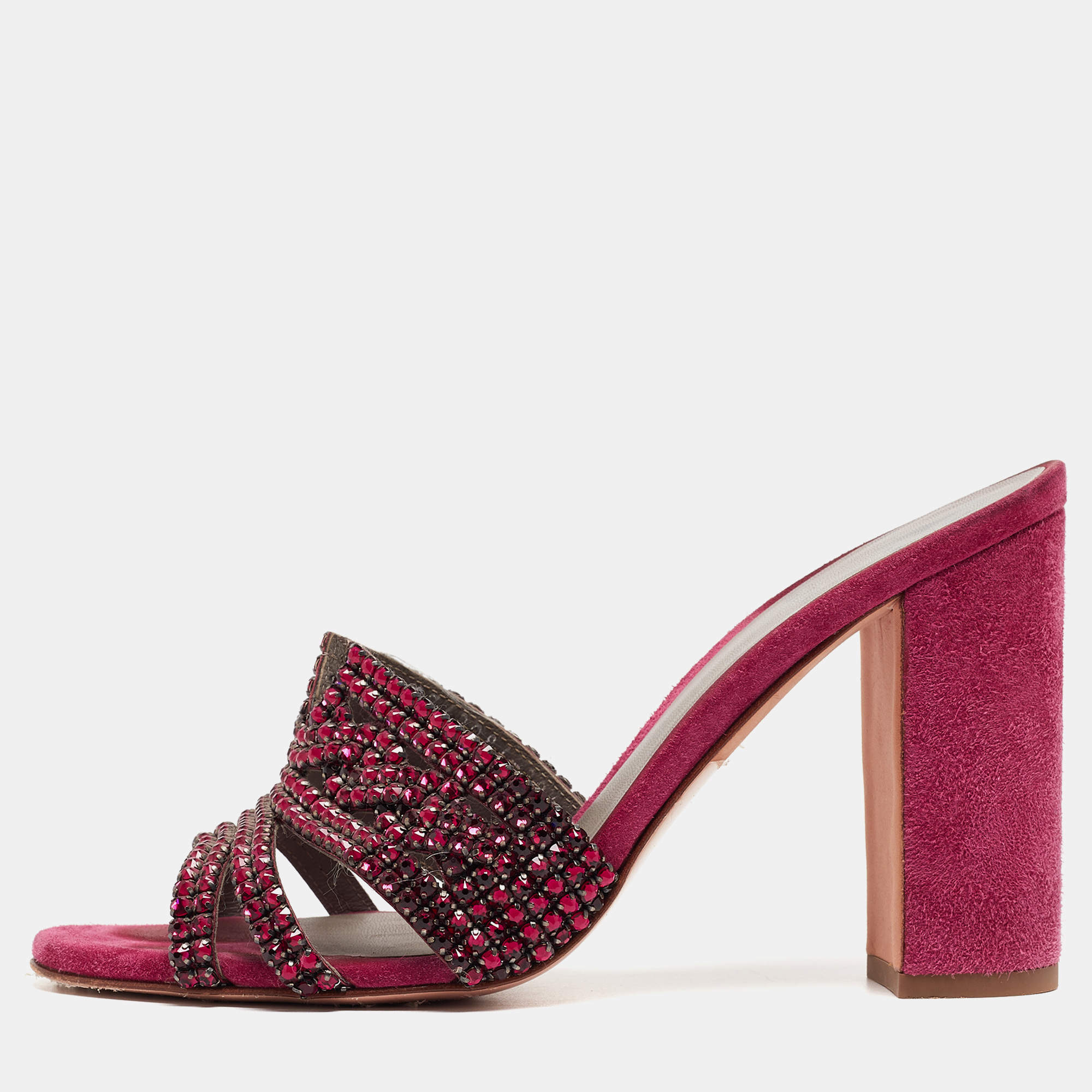 Pre Owned Gina Pink Crystal Embellished Leather Slide Sandals Size 38.5