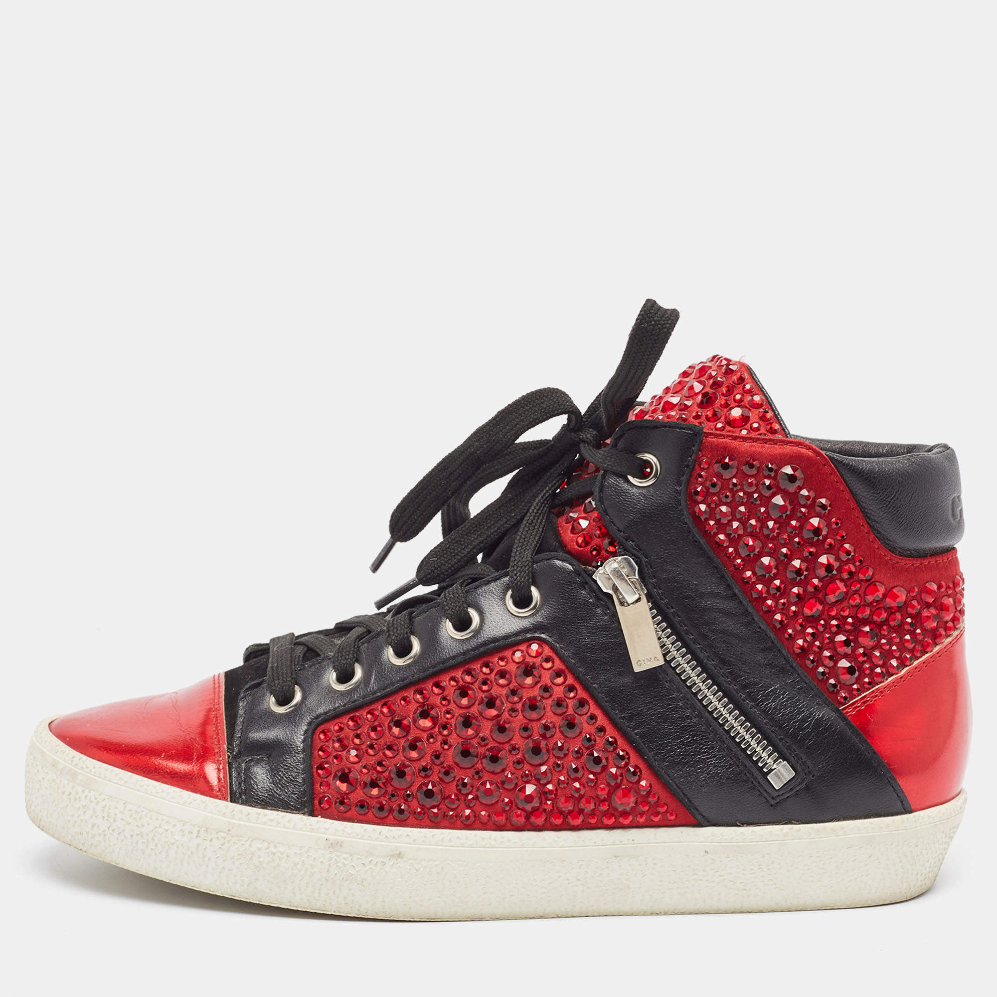 Gina Red/Black Leather Crystal Embellished High Top Sneakers Size 39