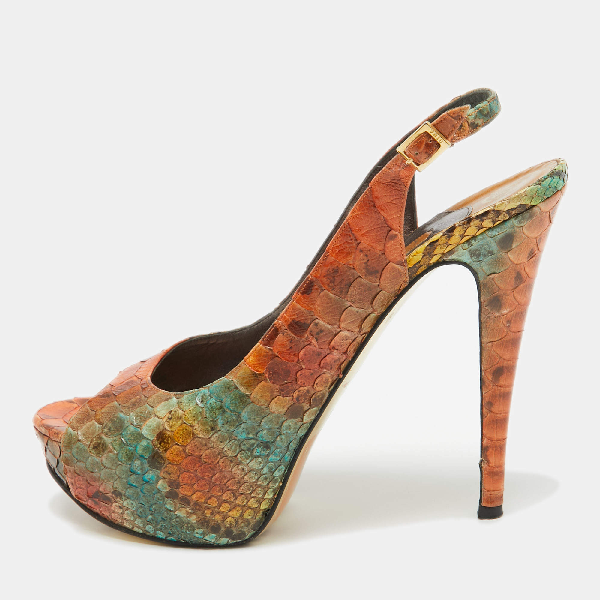Gina Tricolor Python Open Toe Platform Slingback Pumps Size 40.5