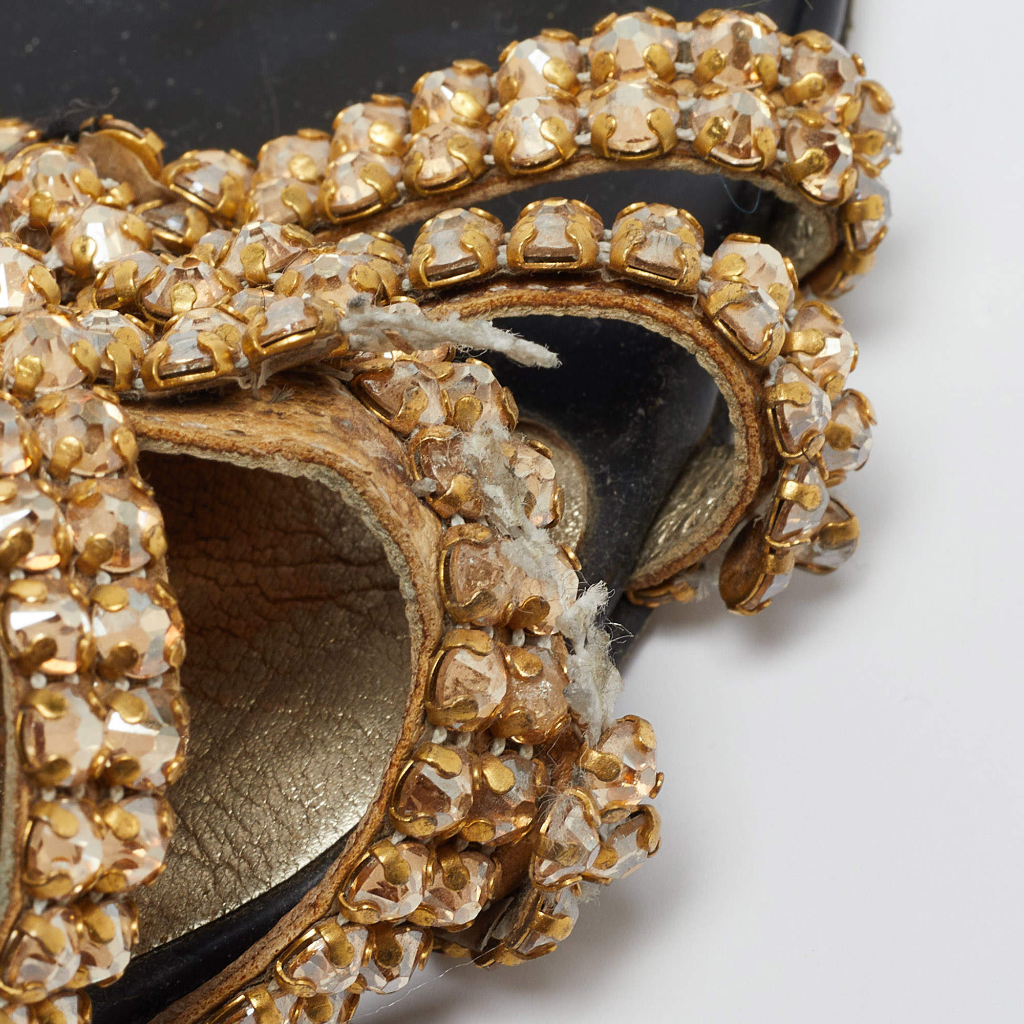 Pre Owned Gina Gold Crystal Embellished Leather Flat Slides Size 36