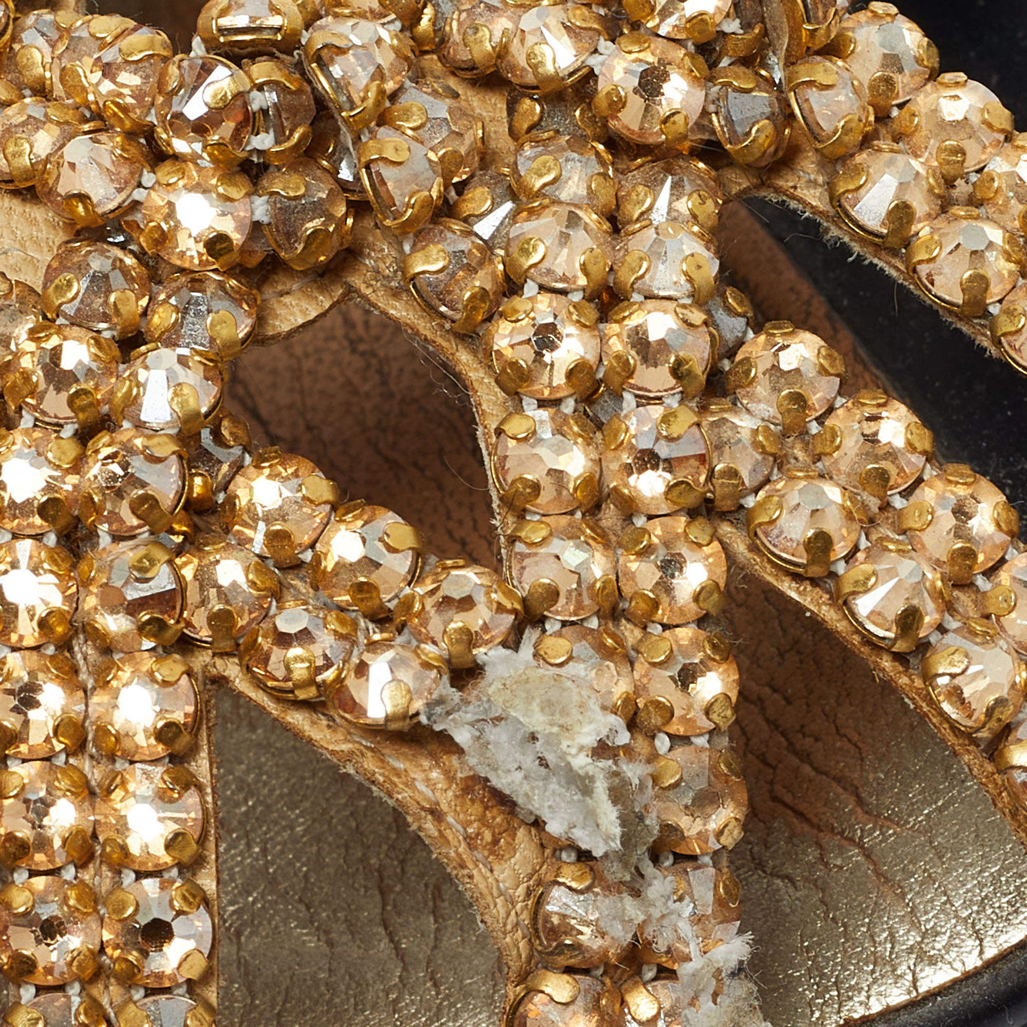 Pre Owned Gina Gold Crystal Embellished Leather Flat Slides Size 36