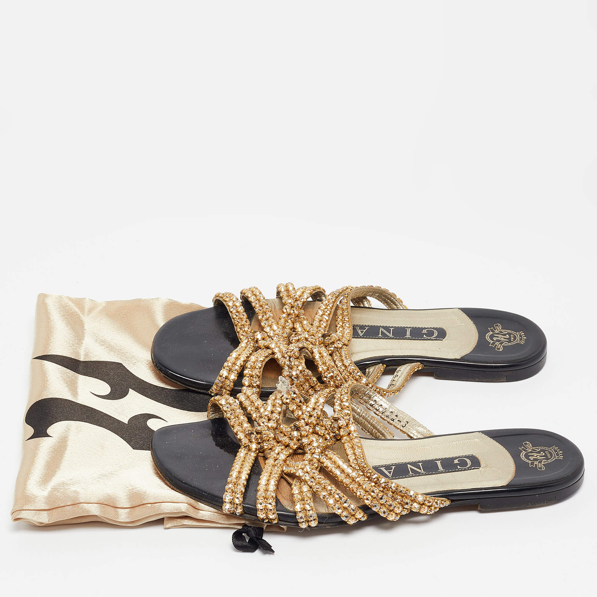 Pre Owned Gina Gold Crystal Embellished Leather Flat Slides Size 36