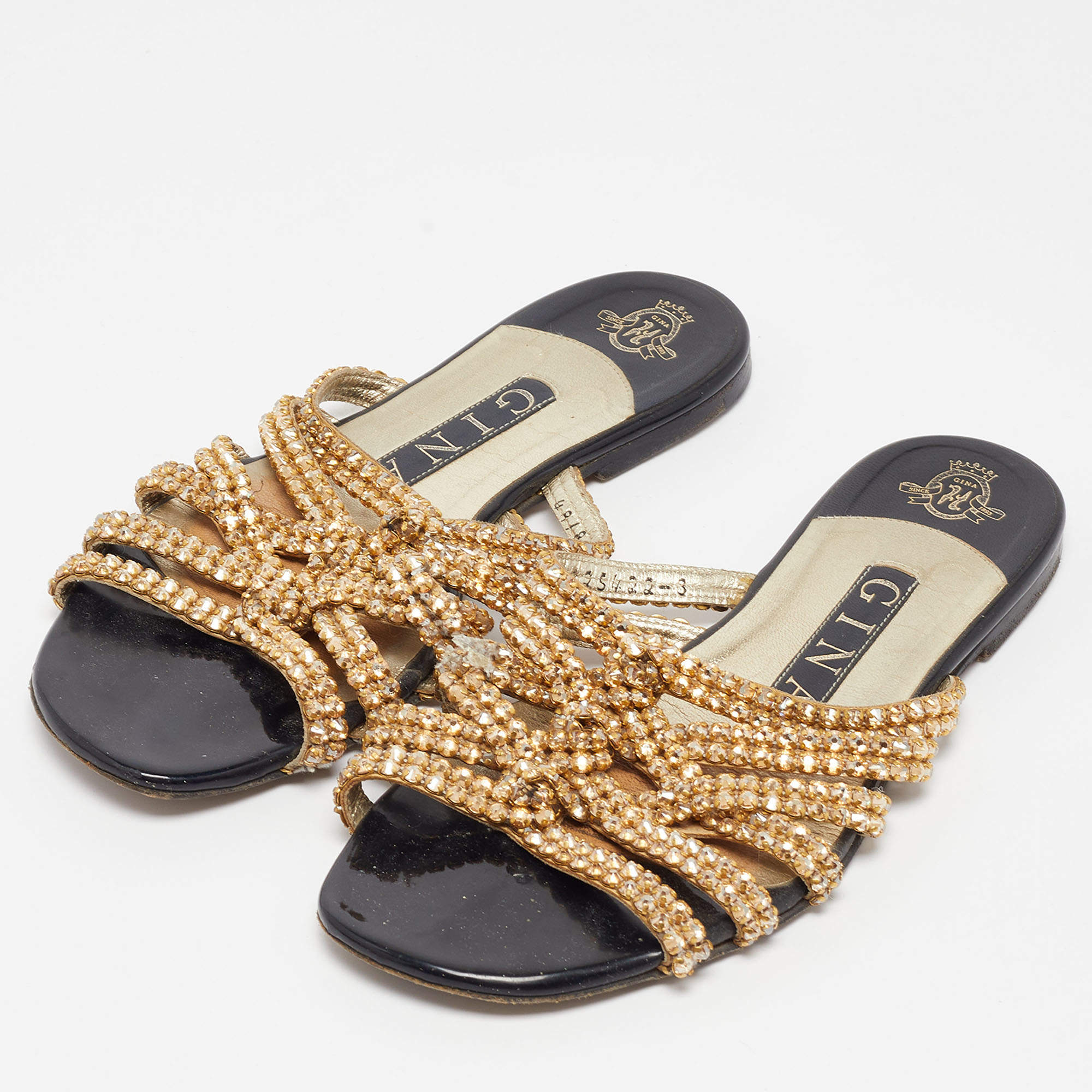 Pre Owned Gina Gold Crystal Embellished Leather Flat Slides Size 36