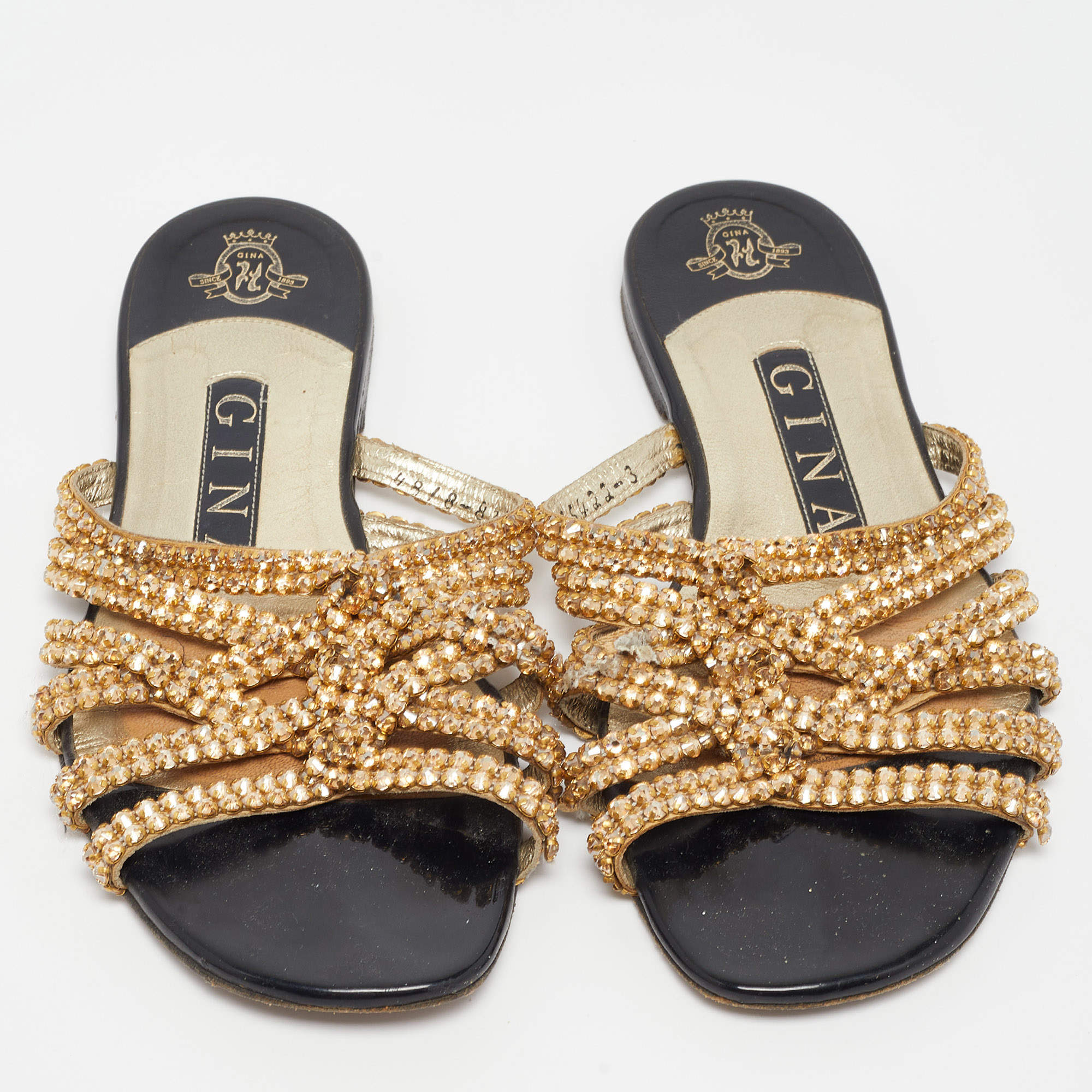 Pre Owned Gina Gold Crystal Embellished Leather Flat Slides Size 36