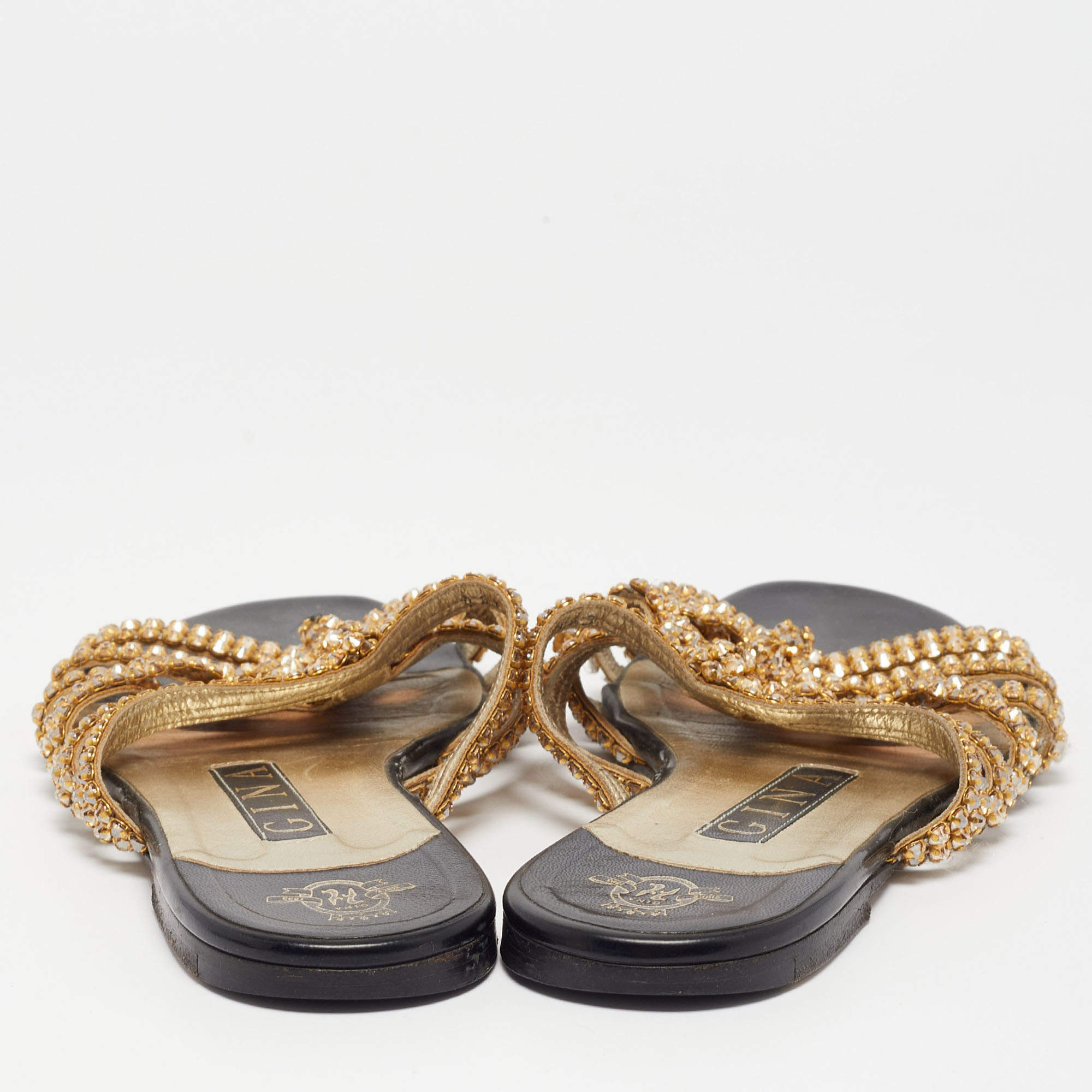 Pre Owned Gina Gold Crystal Embellished Leather Flat Slides Size 36