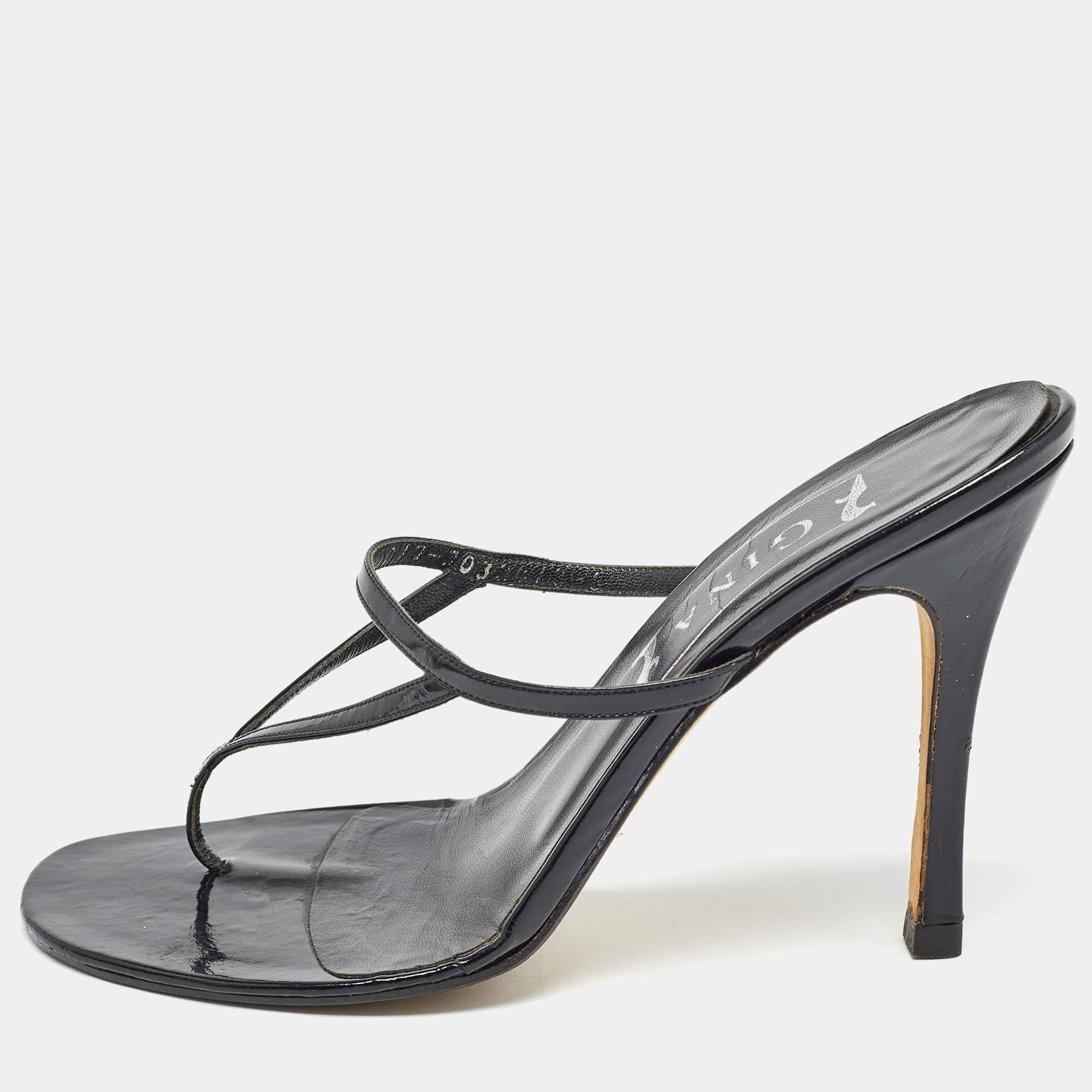 Pre Owned Gina Black Patent Leather Thong Slide Sandals Size 39