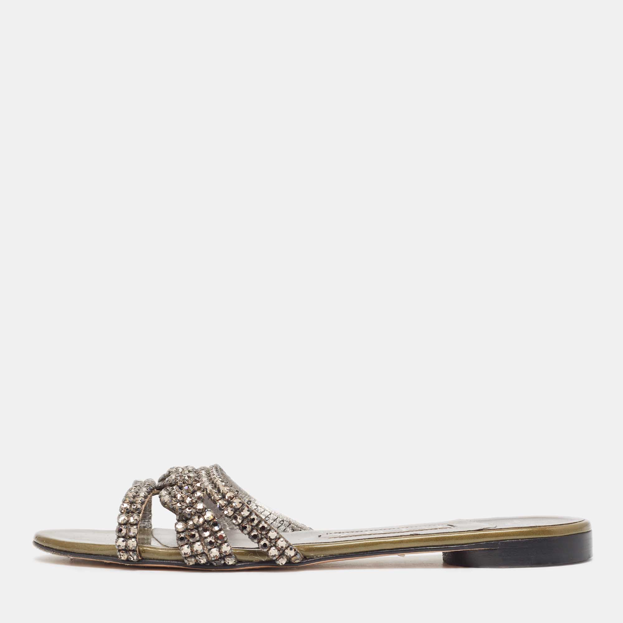 Gina Green Patent Crystal Embellished Flat Slides Size 37