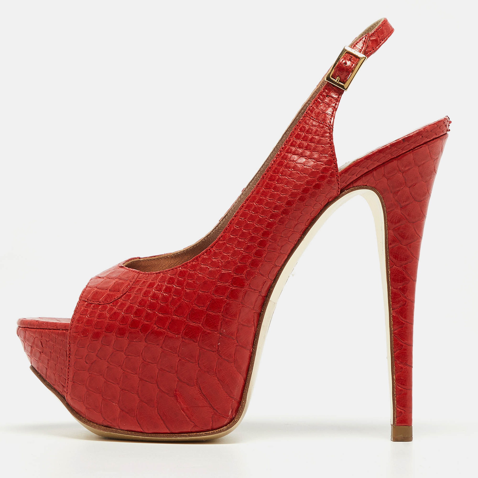 Gina Red Python Open Toe Platform Slingback Pumps Size 37