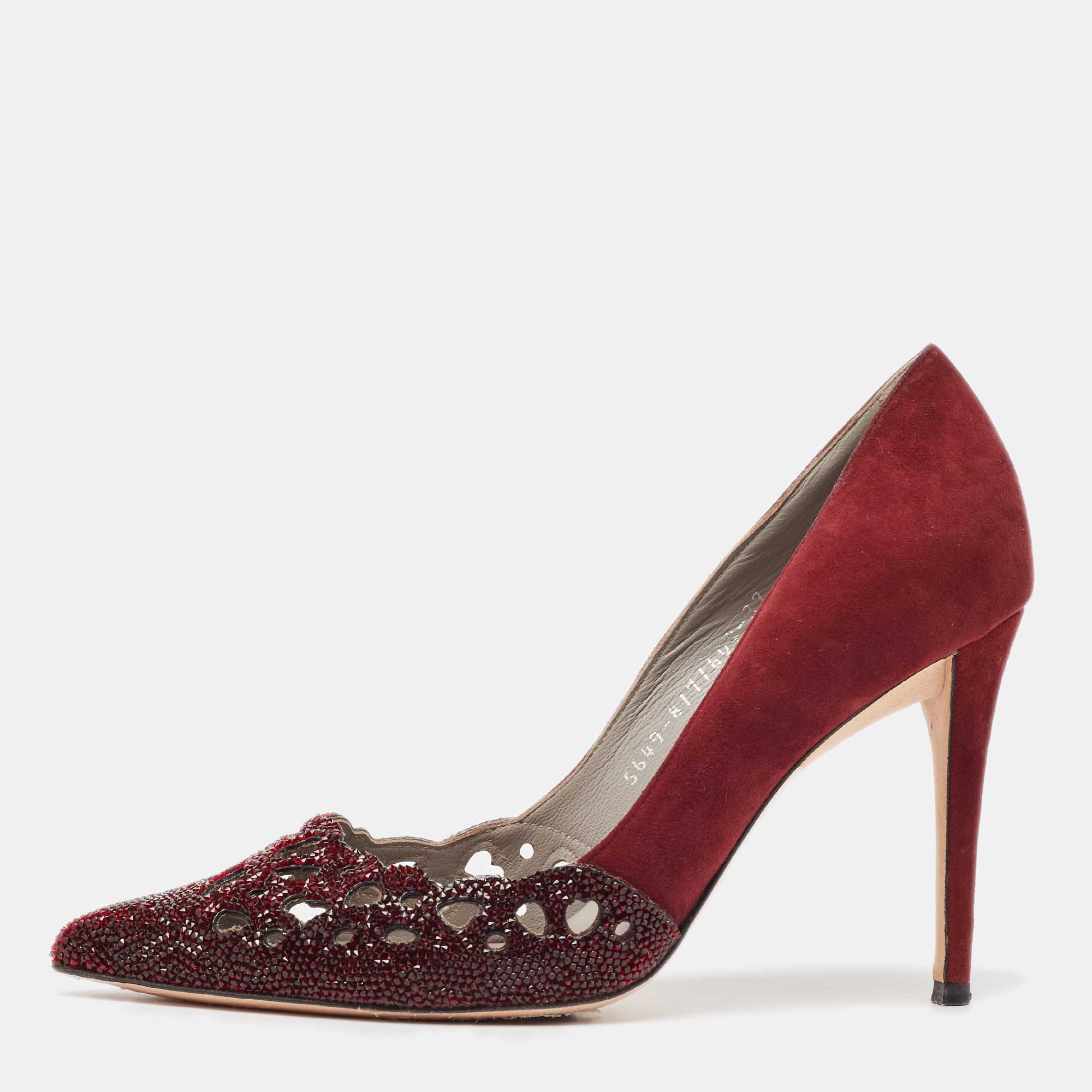 Pre Owned Gina Burgundy Suede Crystal Embellished Pointed Toe Pumps Size 37