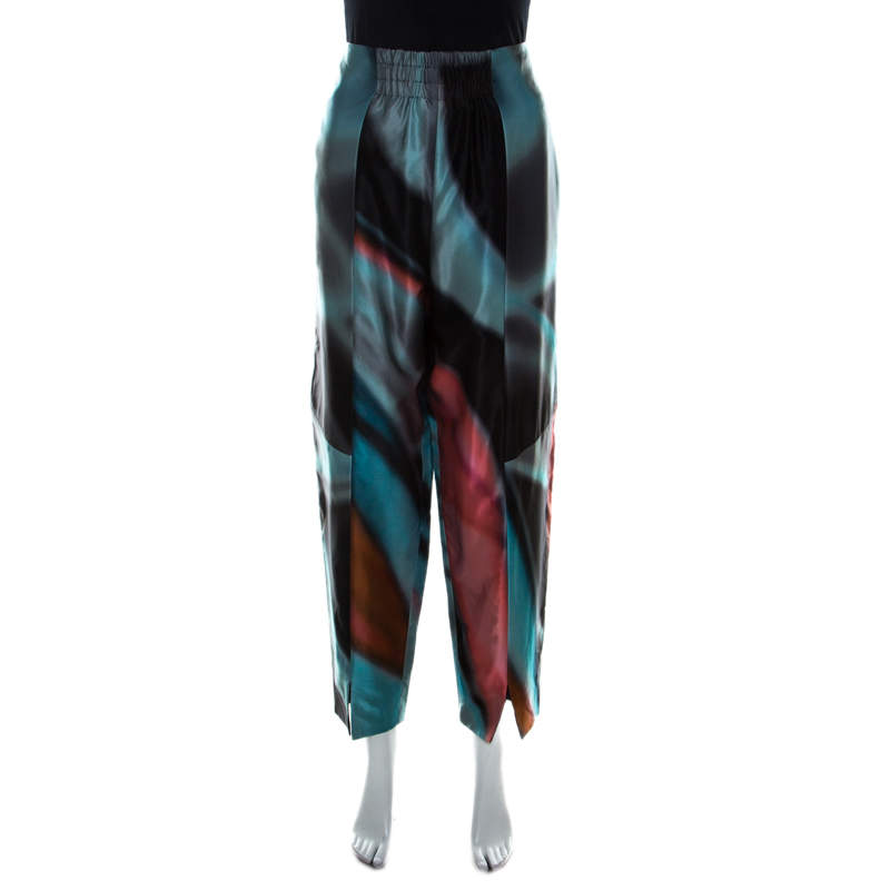 Pre Owned Giorgio Armani Multicolor Silk Satin High Waisted Pants M
