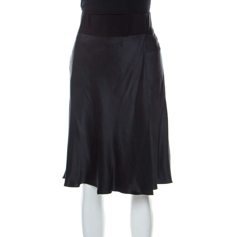 Pre Owned Giorgio Armani Black Silk Grosgrain Waistbelt Wrap Skirt M