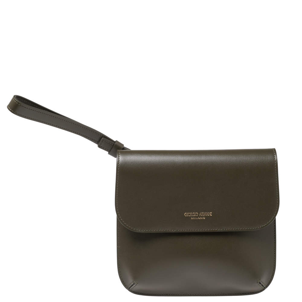 Pre Owned Giorgio Armani Military Green Leather La Prima Wristlet Pouch
