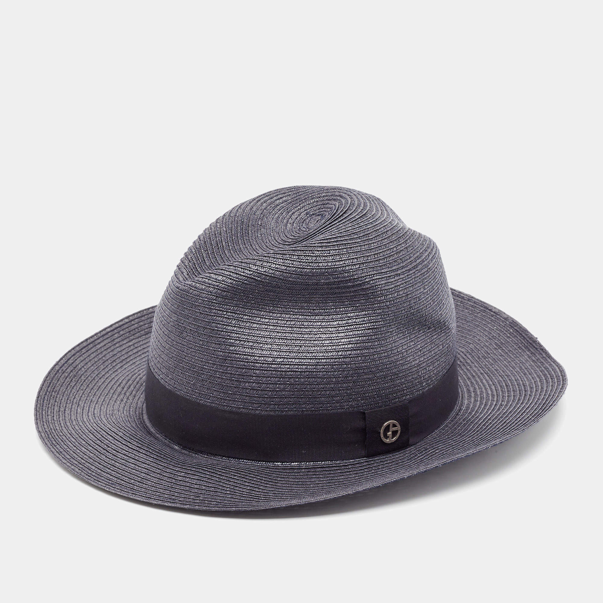 Pre Owned Emporio Armani Grey Logo-Plaque Woven Raffia Sun Hat
