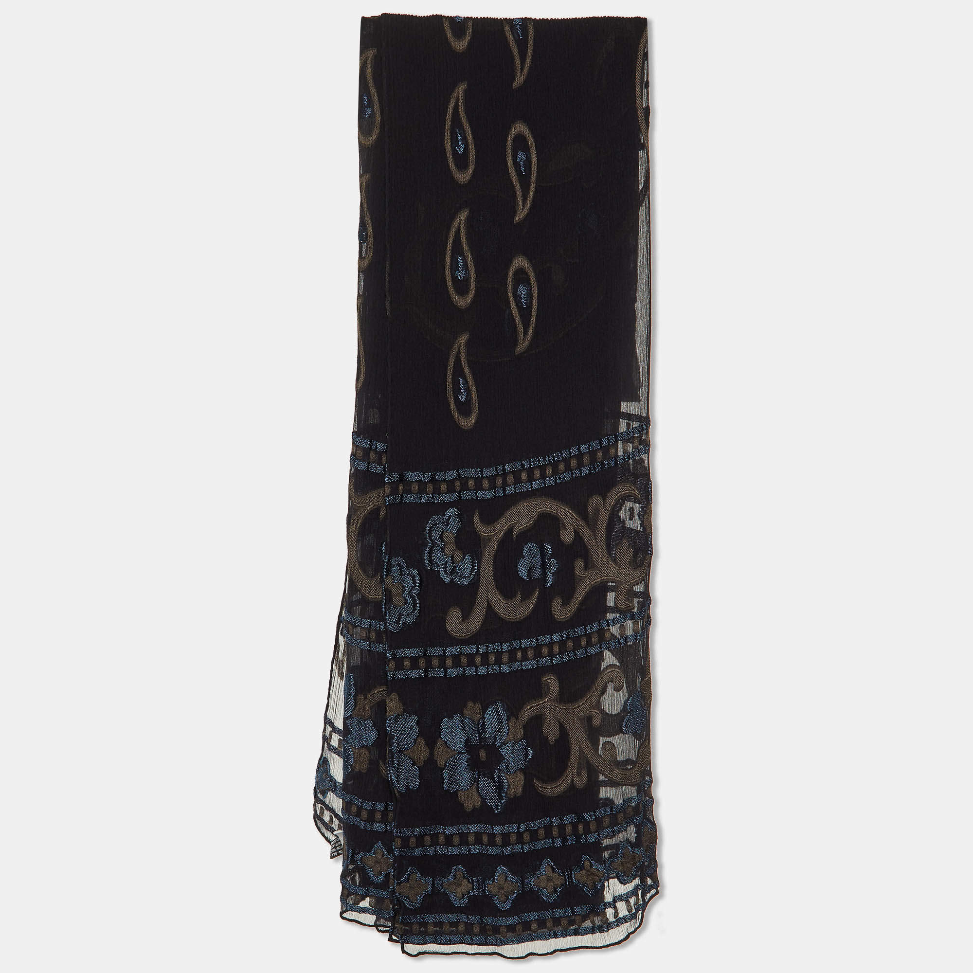 Giorgio Armani Le Collezioni Black Paisley Embroidered Silk Chiffon Stole 