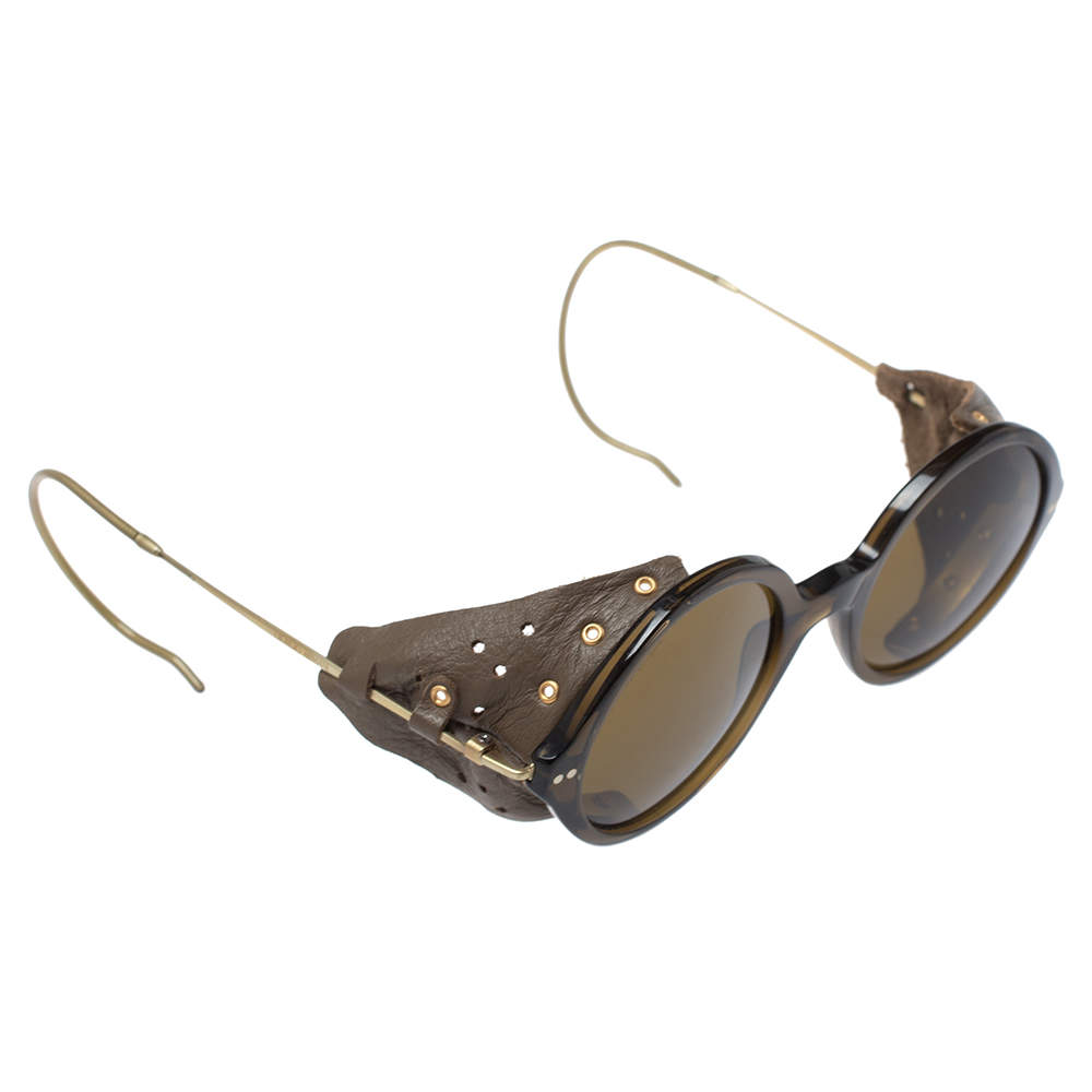 Pre Owned Giorgio Armani Brown/ Olive Green AR8017RZ Leather Retro Motorcycle Sunglasses