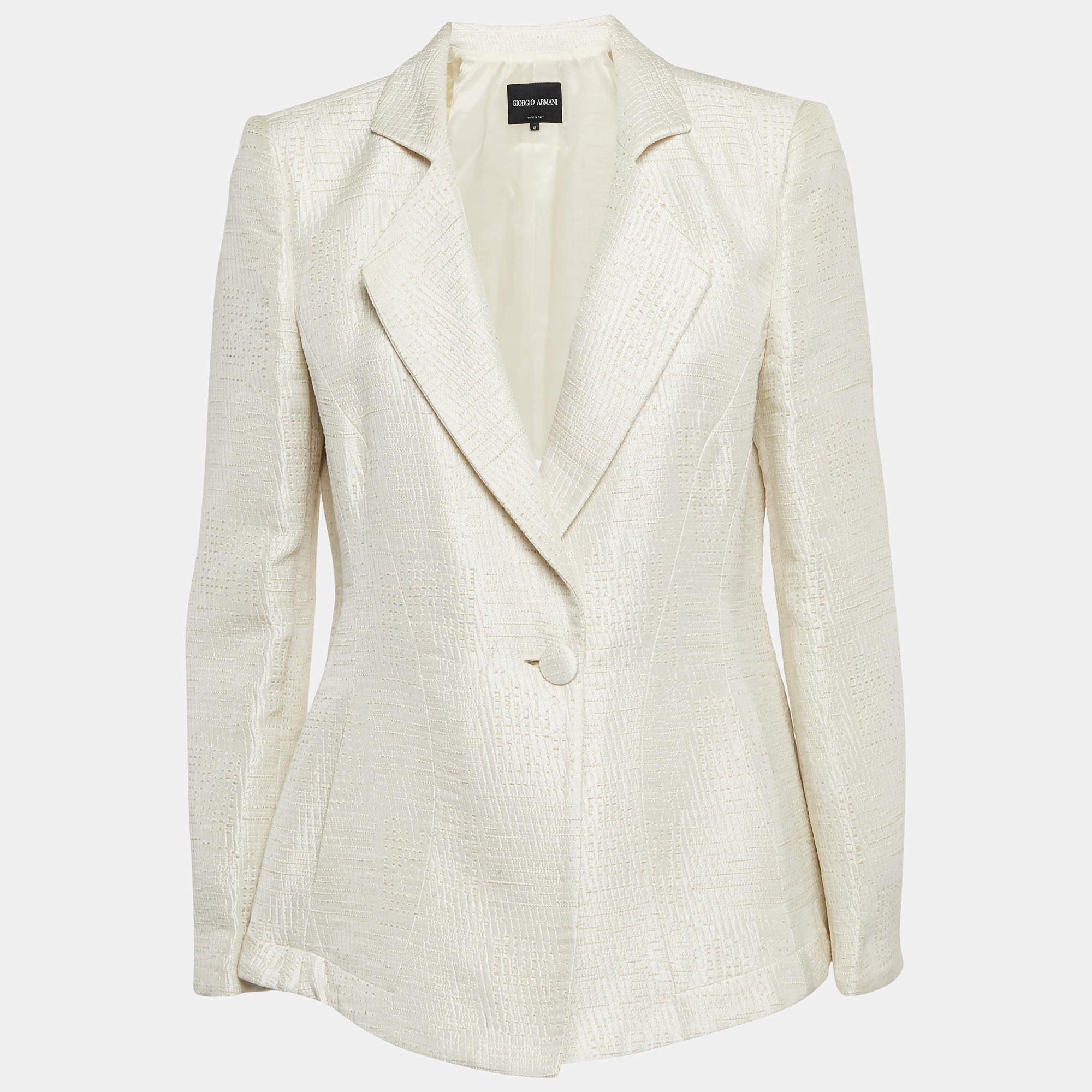 Pre Owned Giorgio Armani Cream Textured Cotton Blend Single Breasted Blazer L