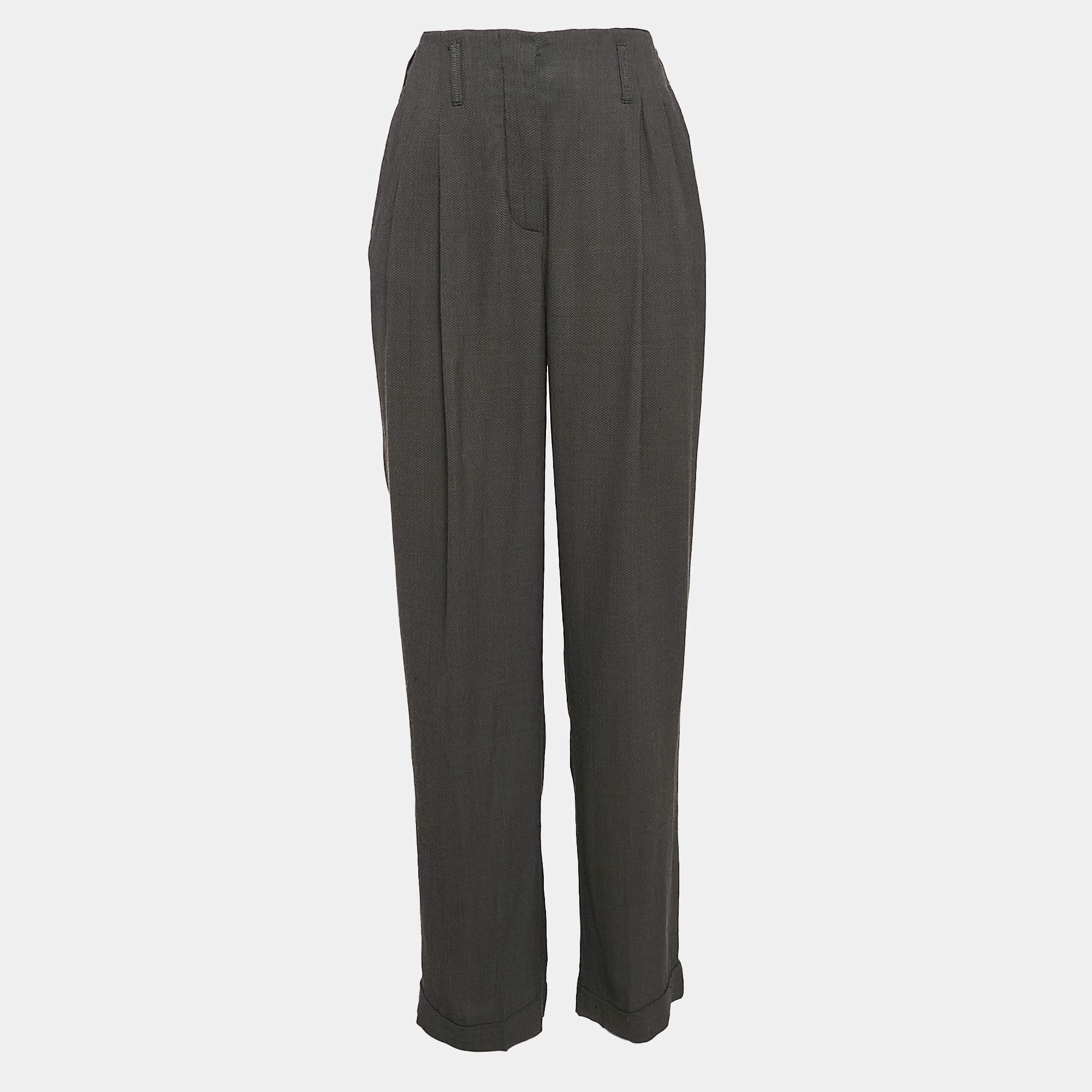 Giorgio Armani Grey Herringbone Pleated Trousers S