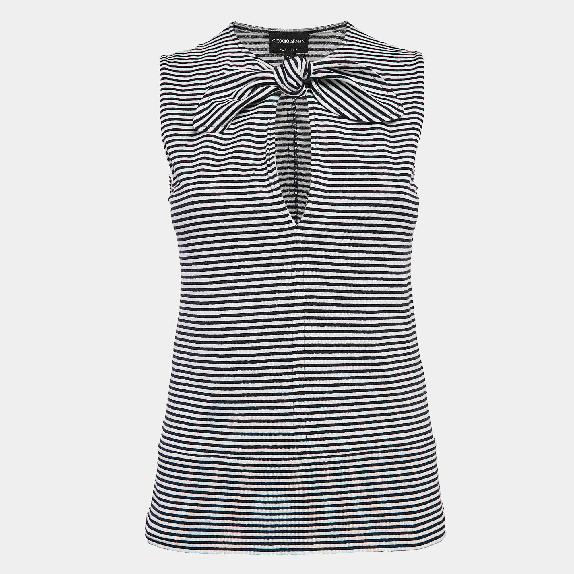 Giorgio Armani Navy Blue/White Stripe Knit Tie-Up Neck Top M
