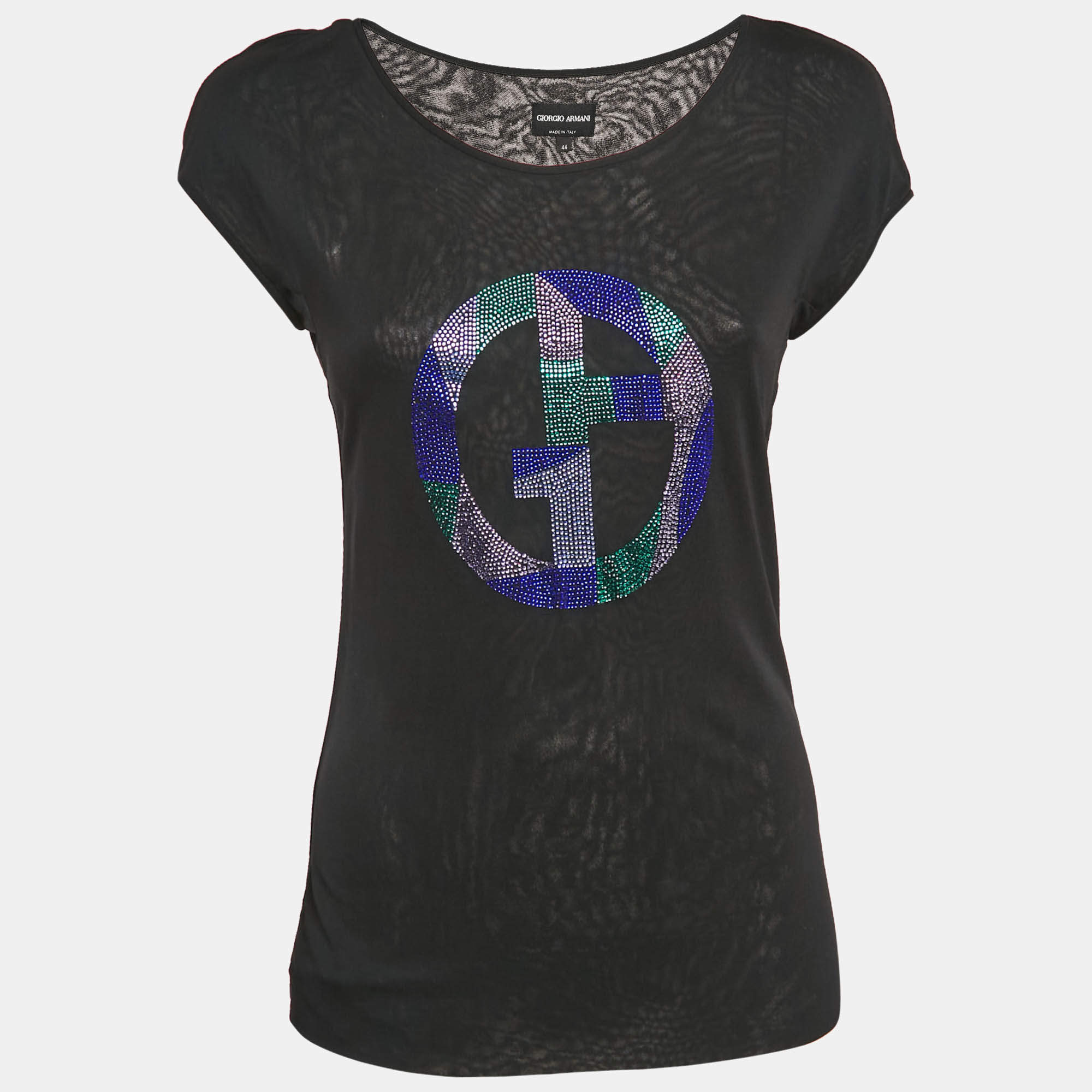 Pre Owned Giorgio Armani Black Rhinestone Embellished Jersey T-Shirt M
