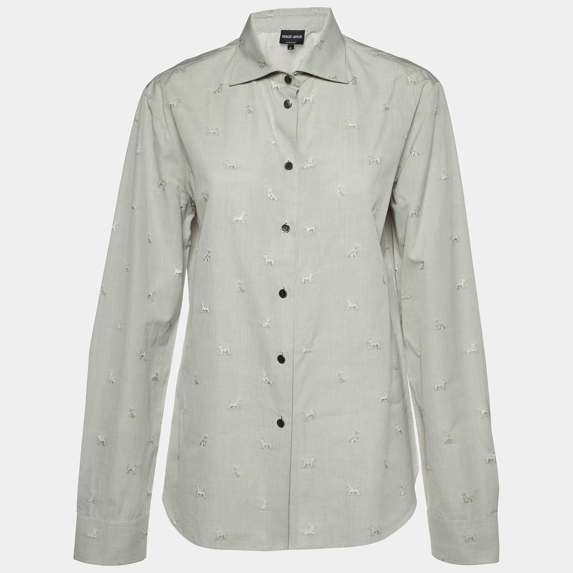 Giorgio Armani Grey Dog Pattern Dobby Cotton Button Front Shirt L