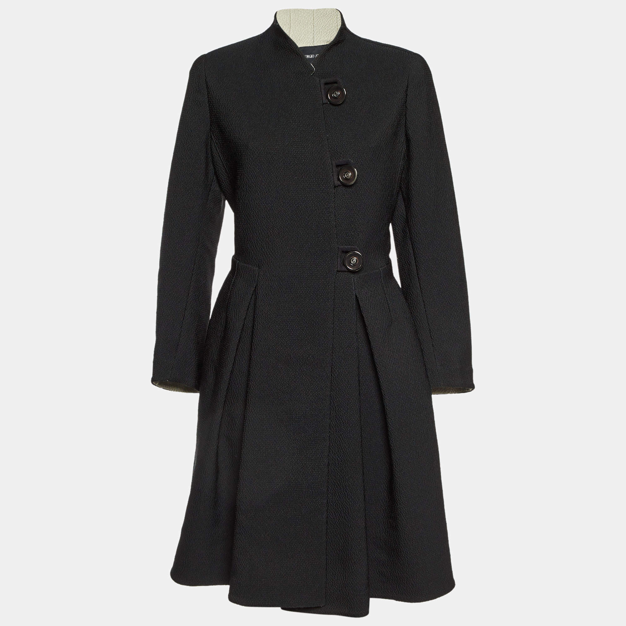 Giorgio Armani Black Textured Crepe Single Breasted Coat L
