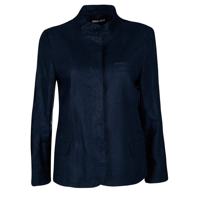 Pre Owned Giorgio Armani Navy Blue Linen Mandarin Collar Blazer M