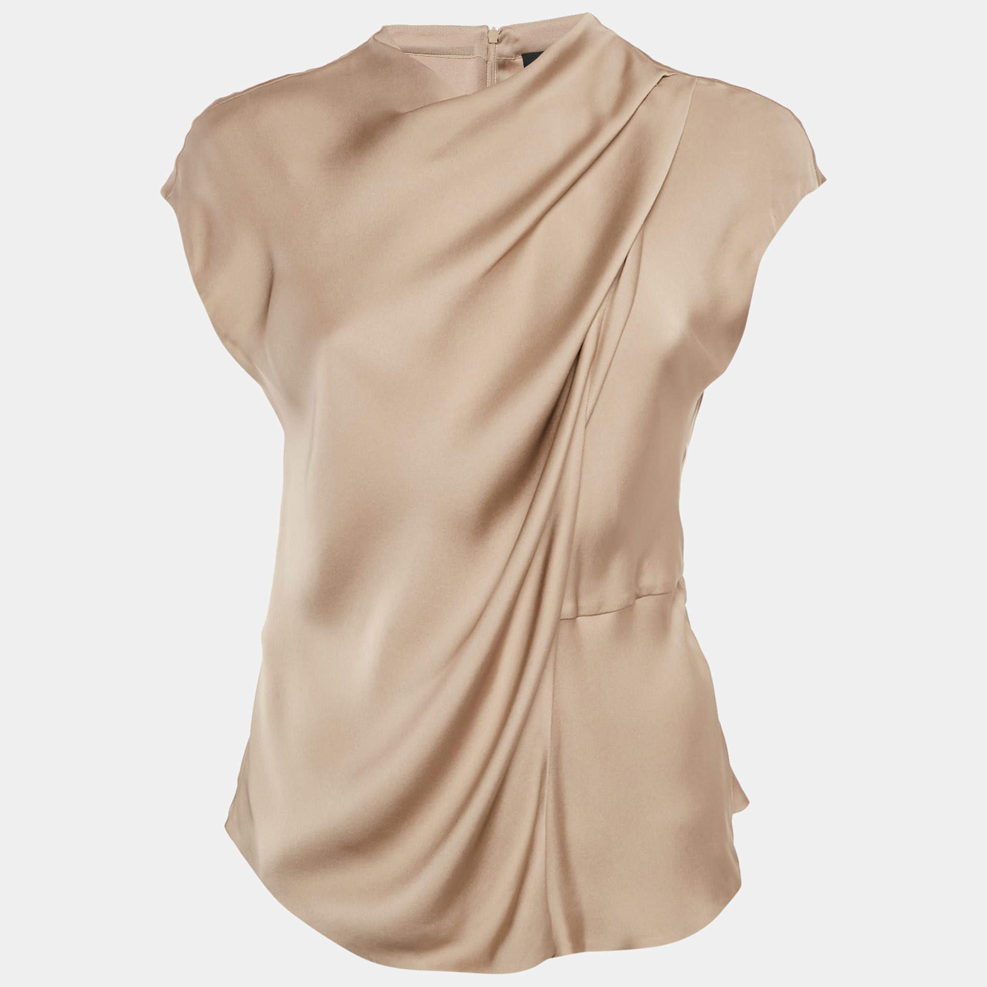 Pre Owned Giorgio Armani Beige Satin Cowl Neck Cap Sleeve Top M