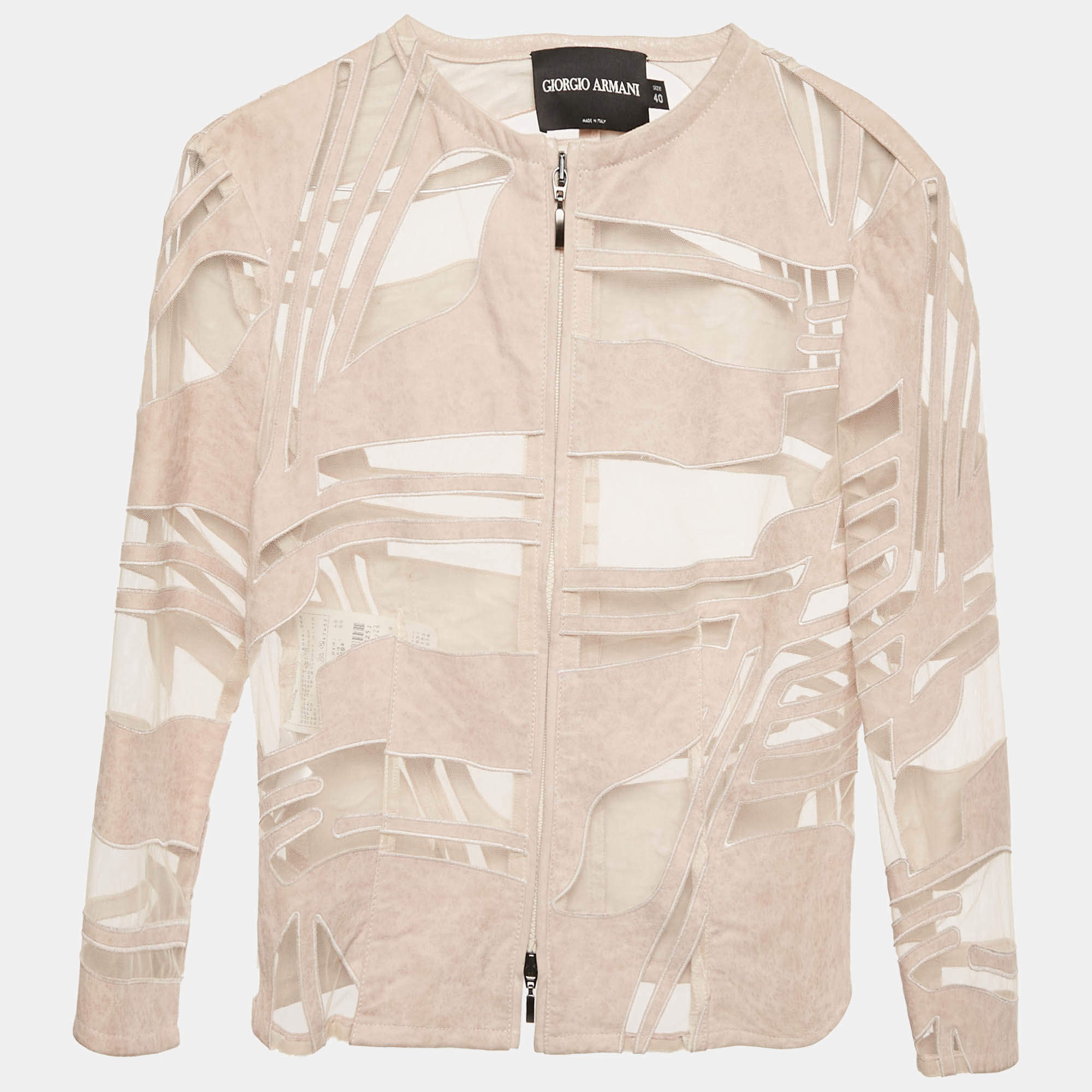 Pre Owned Giorgio Armani Pink Suede and Tulle Zip-Up Jacket S