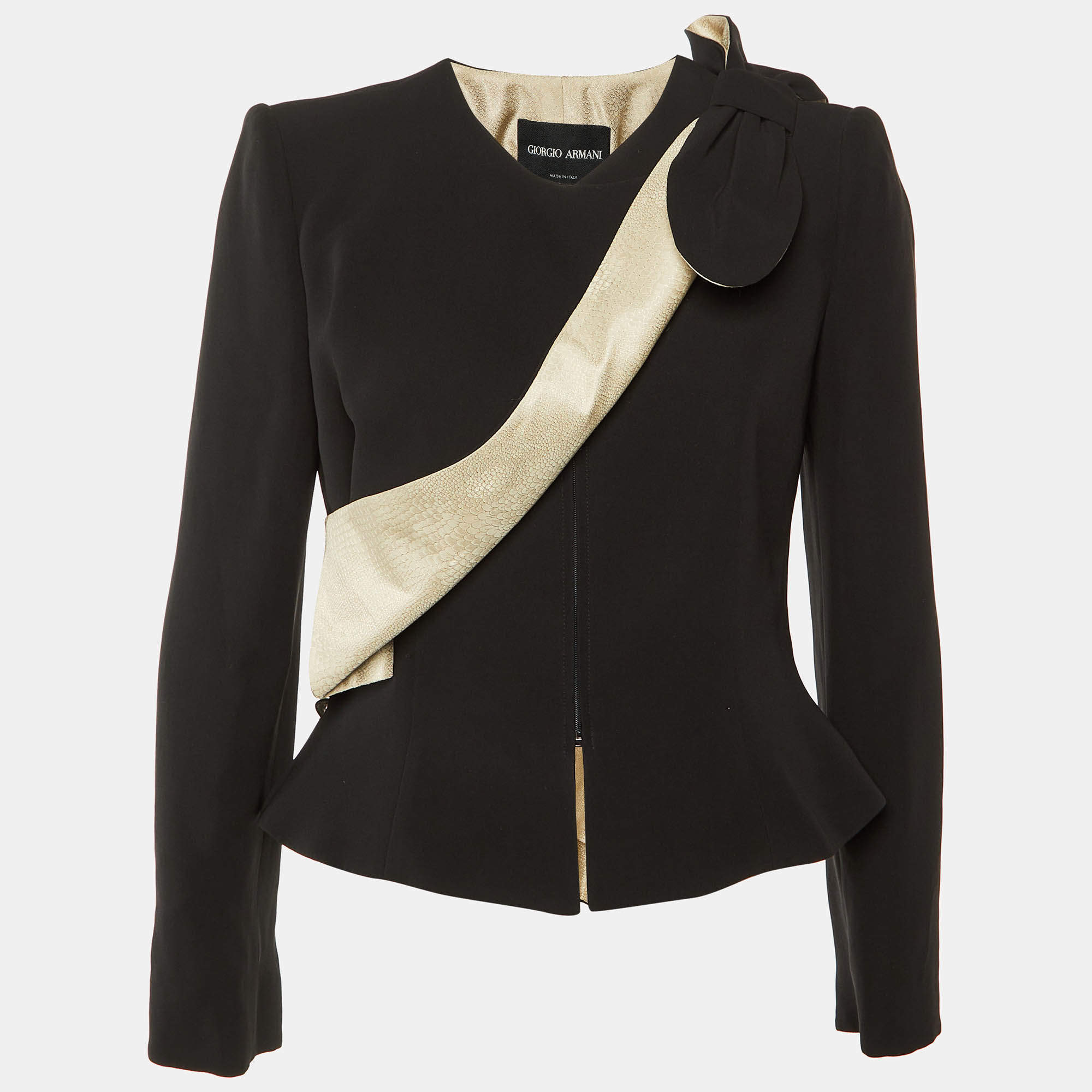 Pre Owned Giorgio Armani Black & Cream Silk & Crepe Jacket M