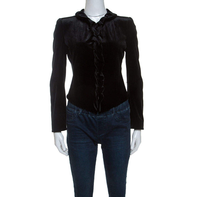 Pre Owned Giorgio Armani Black Velvet Ruffle Trim Zip Front Jacket S