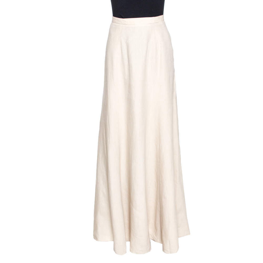 Pre Owned Giorgio Armani Beige Linen Flared Maxi Skirt M
