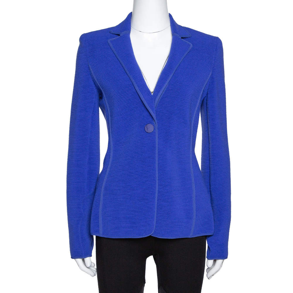 Pre Owned Giorgio Armani Blue Wool Blend Ribbed Knit Jacket M