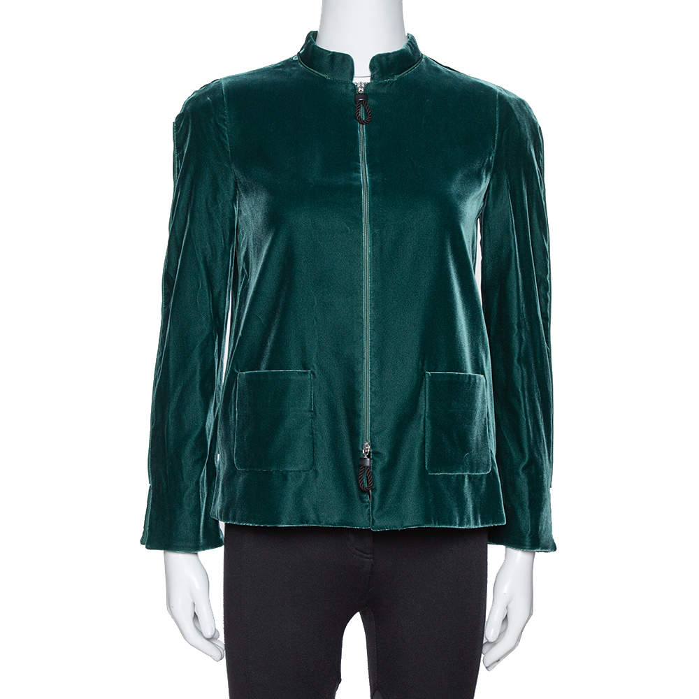 Giorgio Armani Emerald Green Velvet Zip Front Jacket S