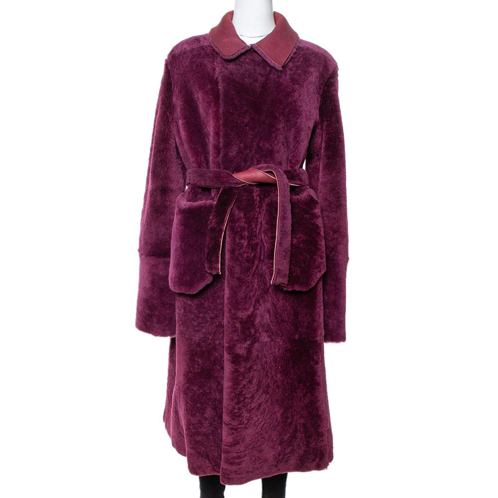 Pre Owned Giorgio Armani Burgundy Shearling Belted Coat M