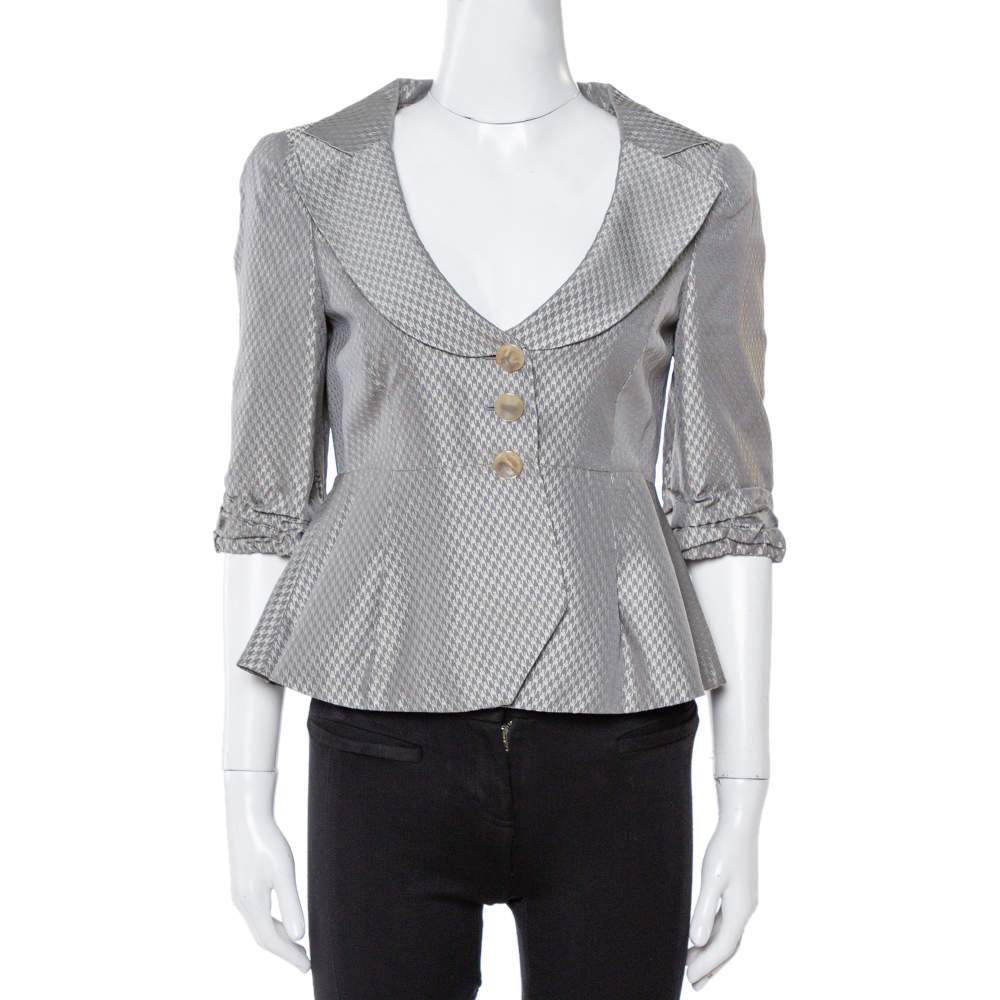 Giorgio Armani Grey Metallic Jacquard Patterned Peplum Jacket S