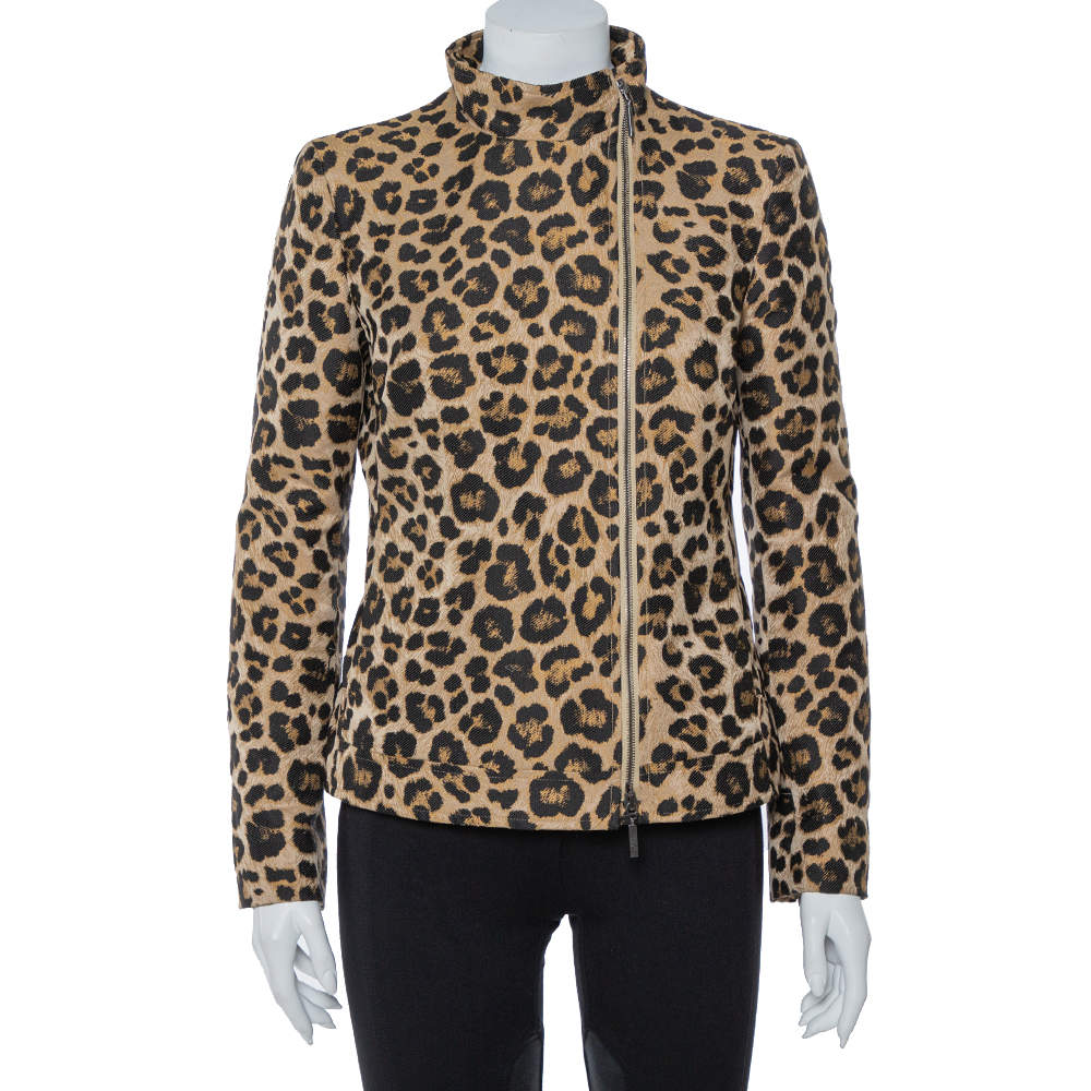 Pre Owned Giorgio Armani Leopard Pattern Jacquard Zip Front Jacket M