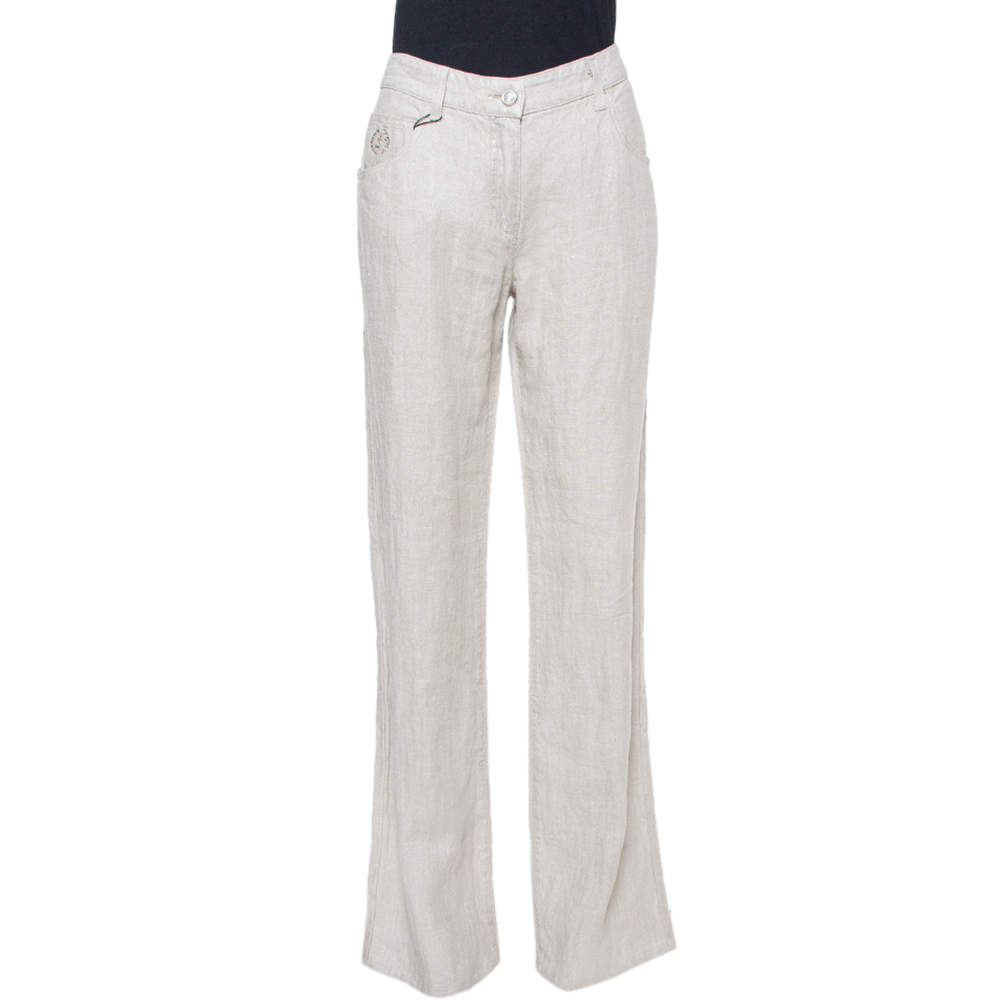 Giorgio Armani Silver Linen Logo Embellished Straight Leg Pants M
