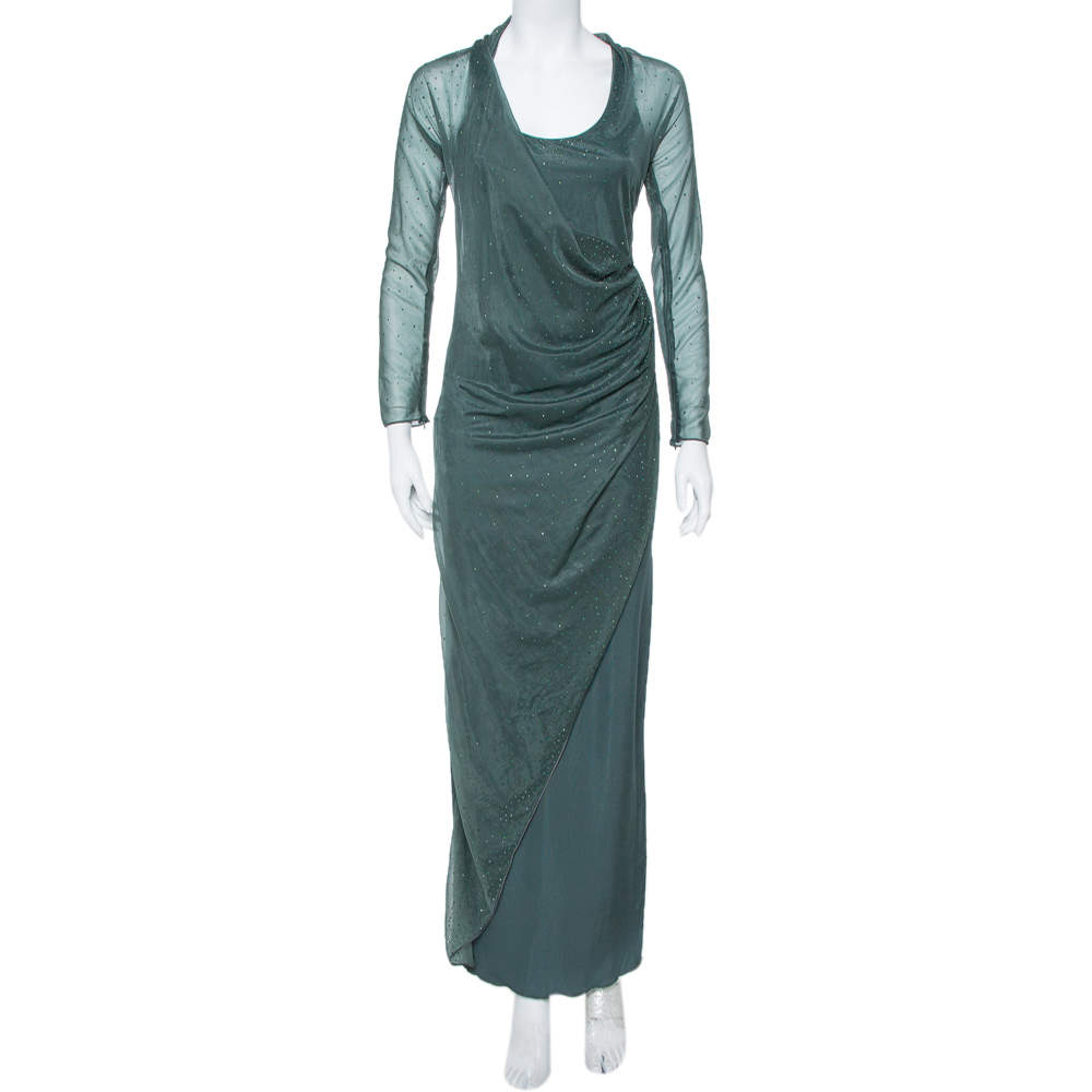 Pre Owned Giorgio Armani Dark Green Embellished Mesh & Knit Draped  Maxi Dress S 