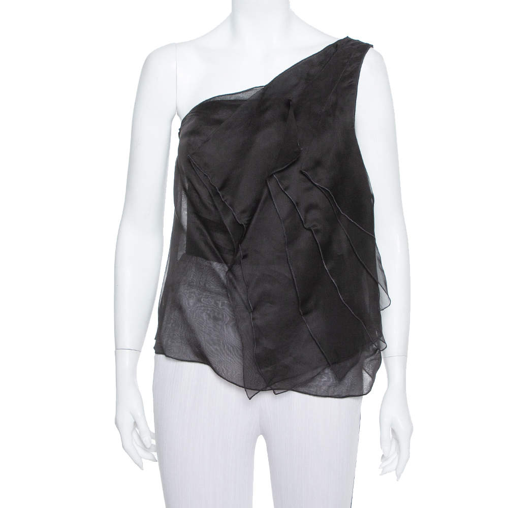 Pre Owned Giorgio Armani Black Silk Organza Pleated One Shoulder Top L