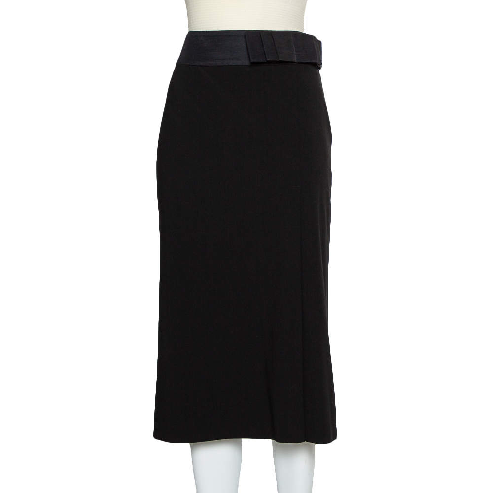 Pre Owned Giorgio Armani Black Wool Bow Detail Midi Skirt M