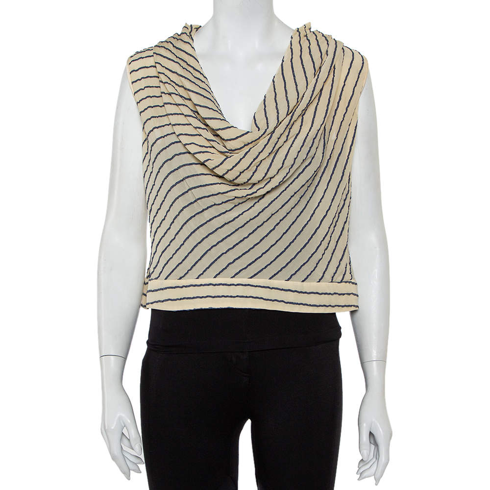 Pre Owned Giorgio Armani Bicolor Striped Silk Sleeveless Cowl Neck Top M