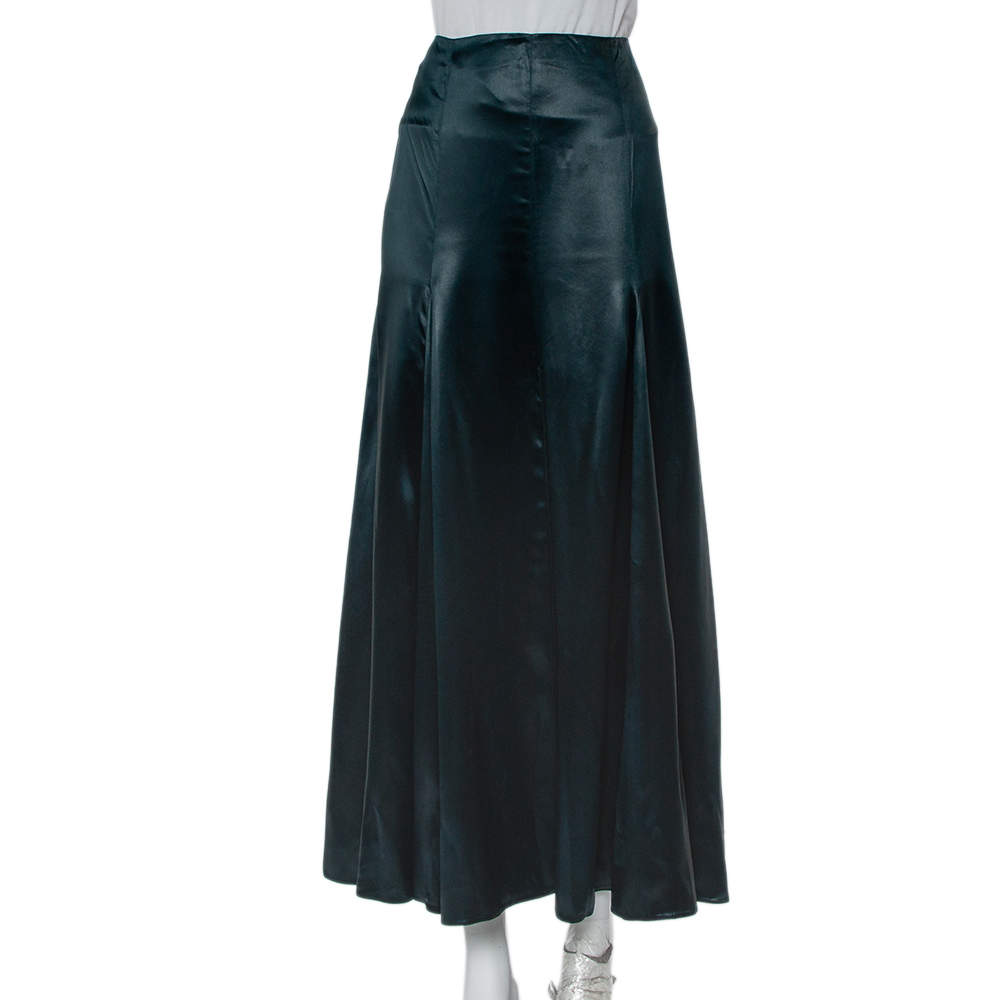 Pre Owned Giorgio Armani Green Sateen Slit Detail Flared Maxi Skirt M
