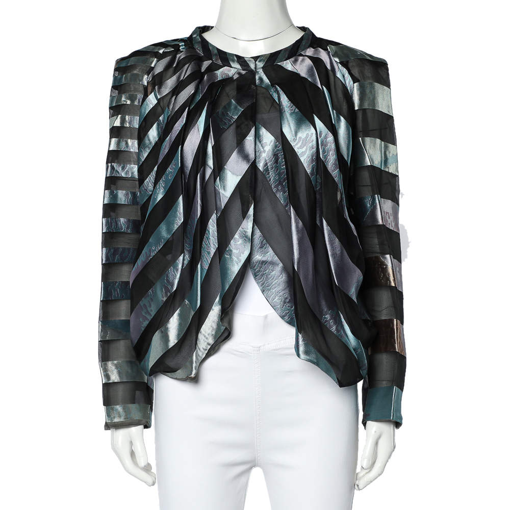 Pre Owned Giorgio Armani Multicolor Striped Jacquard Button Front Pleated Jacket L