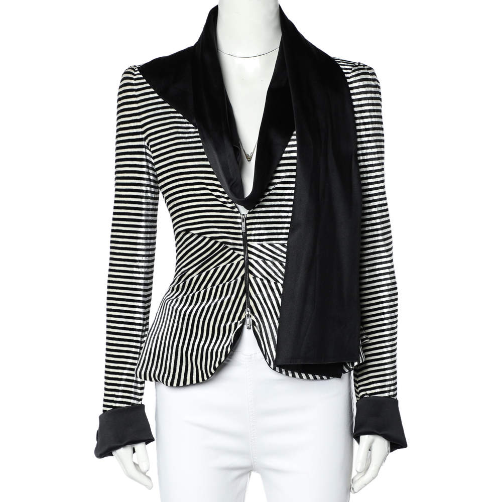 Pre Owned Giorgio Armani Monochrome Striped Velvet Draped Collar Detail Top M