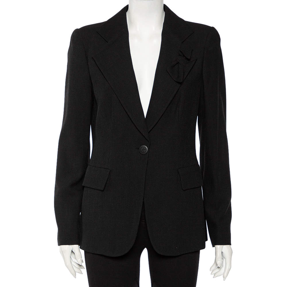 Giorgio Armani Black Textured Wool Bow Detail Button Front Blazer L