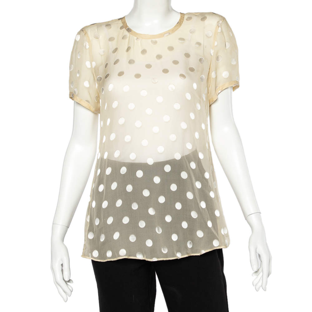 Giorgio Armani Yellow Polka Dot Silk Button Back Top L