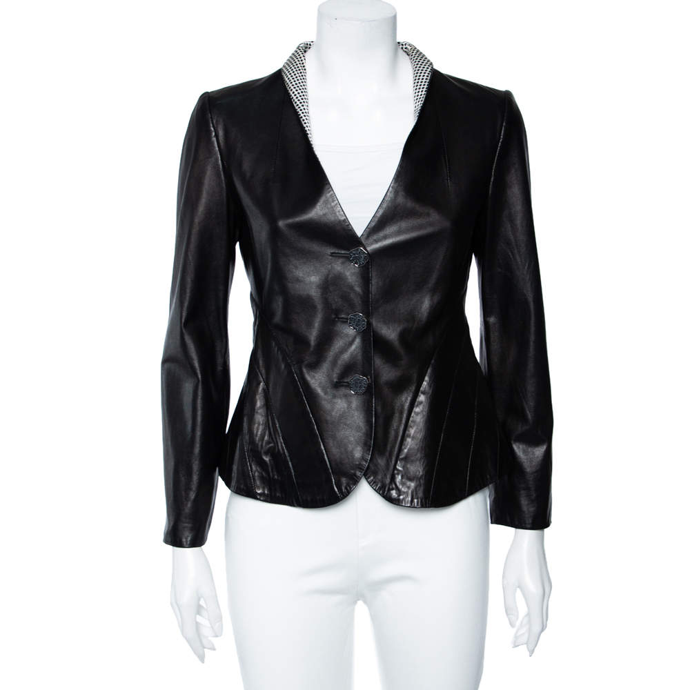 Pre Owned Giorgio Armani Black Leather Paneled Button Front Blazer M