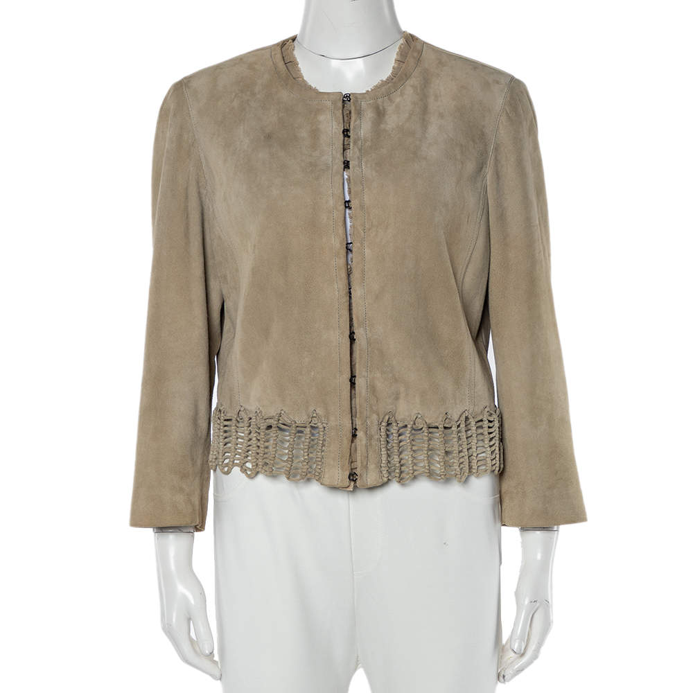 Pre Owned Giorgio Armani Beige Suede Woven Trim Detail Hook Front Jacket L